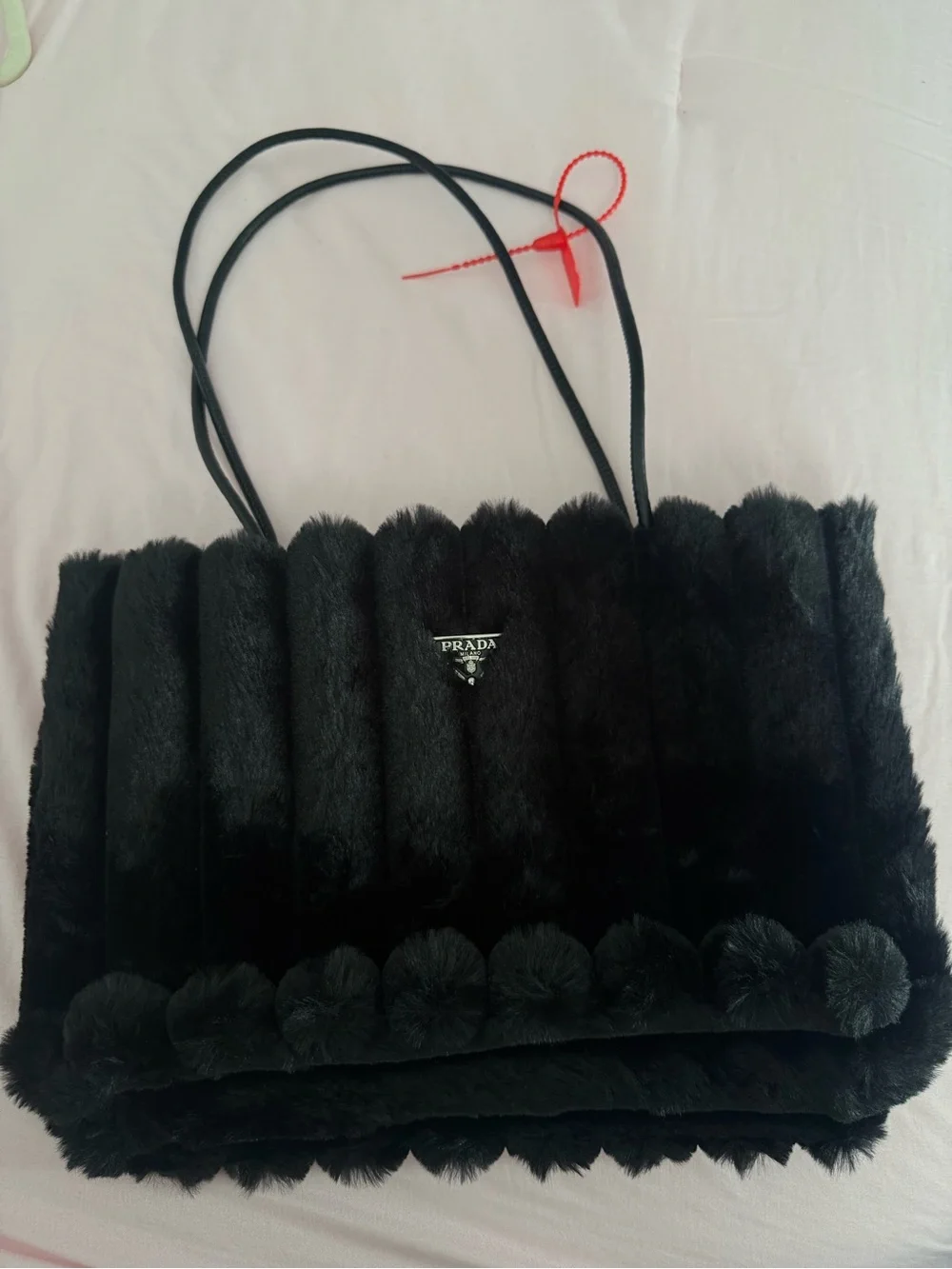 Prada Black Faux-Fur Tote with Pom Trim